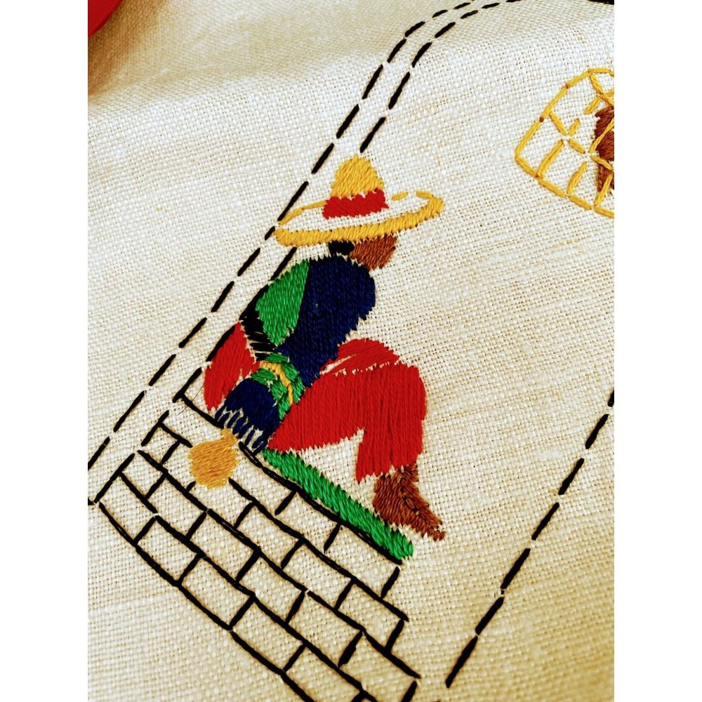 Vintage 1940s Linen Luncheon Tablecloth Napkins Man Sombrero Birdcage Embroidery - Picture 9 of 11